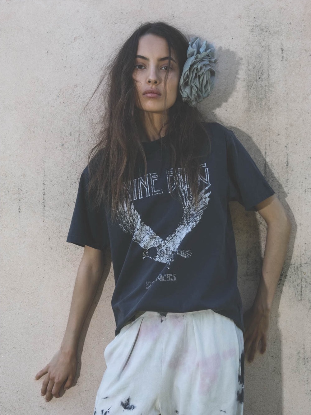 Anine Bing “Lili Retro Eagle Tee” — Washed Grey/Black, XS